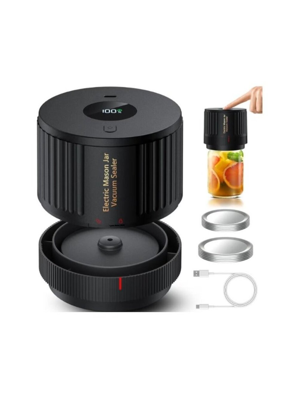 Electric/USB Mason Jar Vacuum Sealer Kit One-Touch Auto-Pause Wide & Reg Mouth